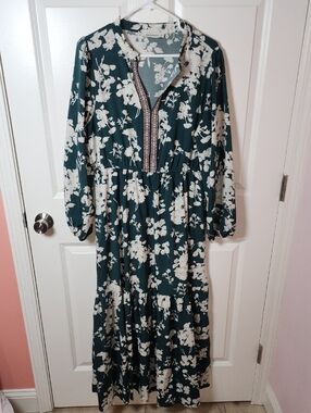 Green Floral Maxi Dress with Ivory Print and Embroidered V-Neck